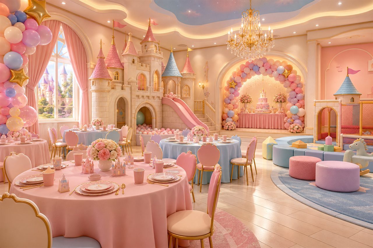 Sala feste DolcemAngy con tavoli, palloncini e area giochi